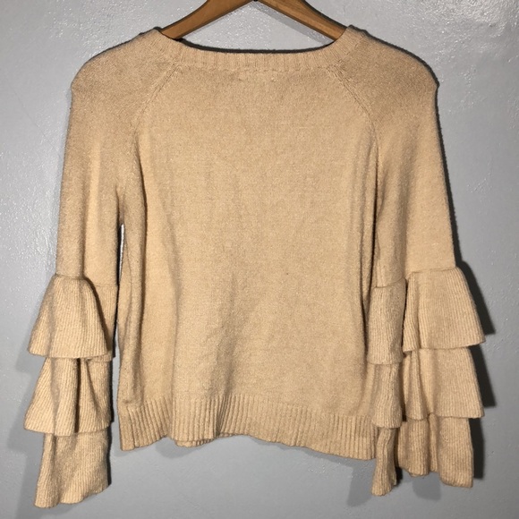 WILDFLOWER Yellow Springs | Beige Ruffled Tiered Sleeves Cotton Blend Sweater L - Picture 9 of 10